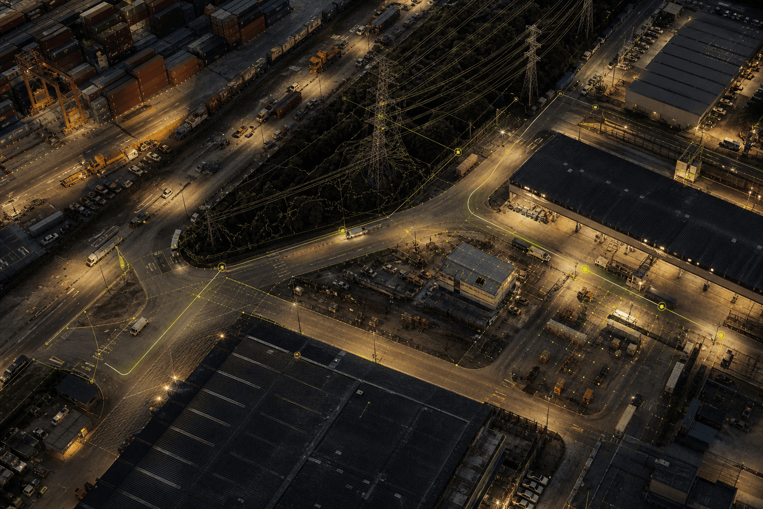 An industrial site at dusk with connected routes between physical assets