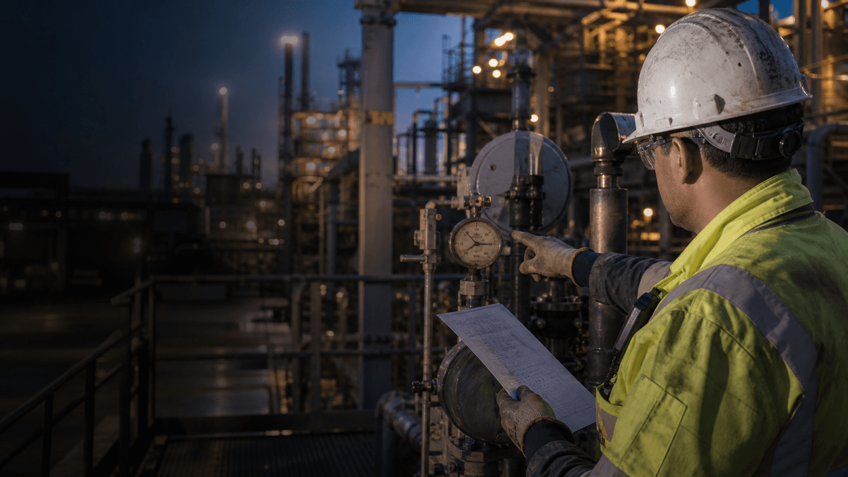 An industrial operator reviews field evidence beside operating equipment at dusk