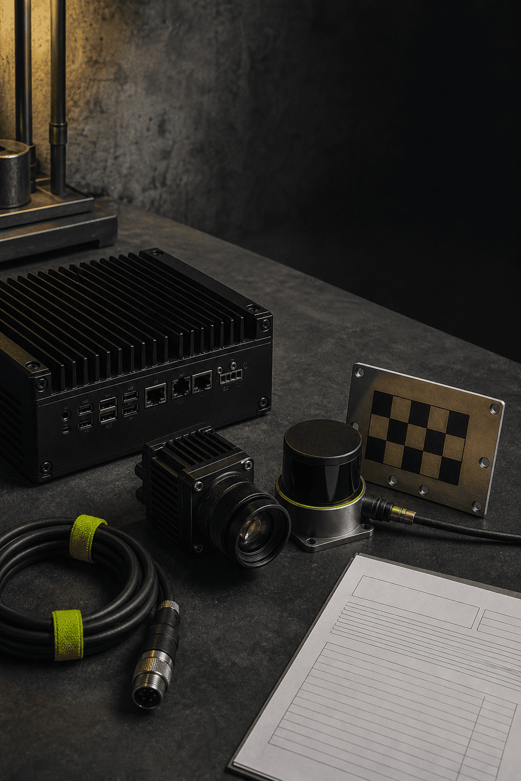 Edge computer, machine vision camera, lidar sensor, and field equipment on an industrial workbench