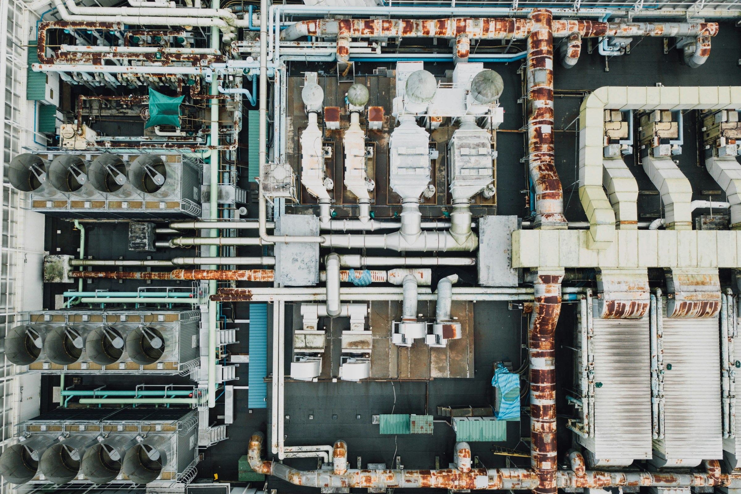 Aerial industrial facility with dense operating infrastructure