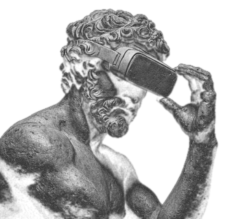 Classical statue wearing futuristic AI goggles